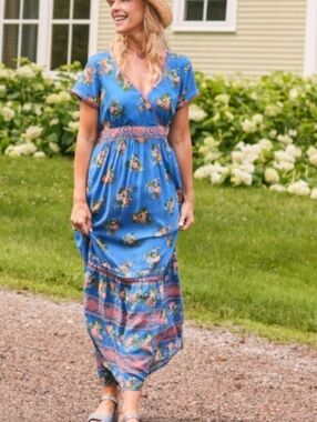 APRIL CORNELL Floral Maxi Wrap Style Dress Size L Blue Boho Cottagecore